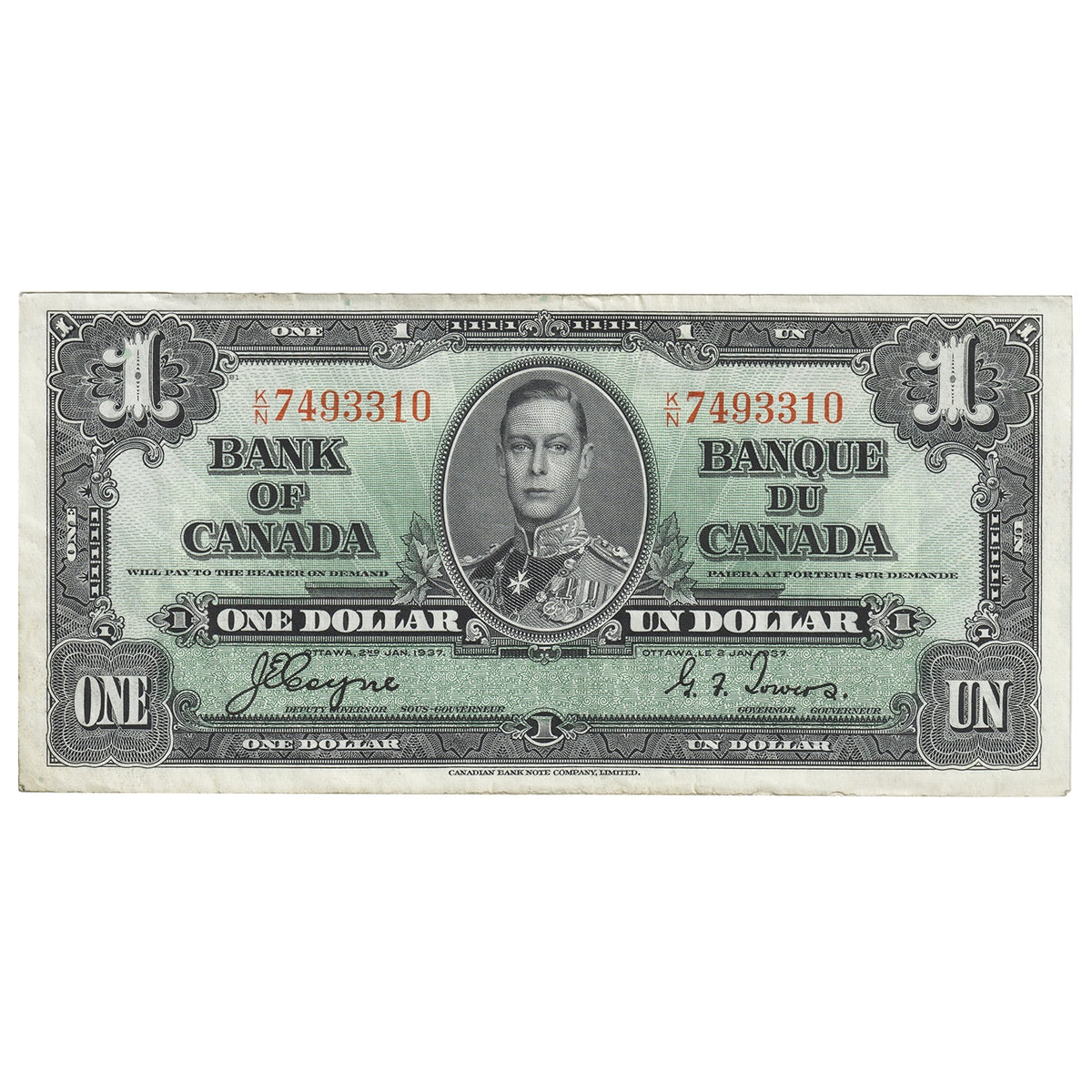 BC-21d 1937 Canada $1 Coyne-Towers, K/N, EF-AU