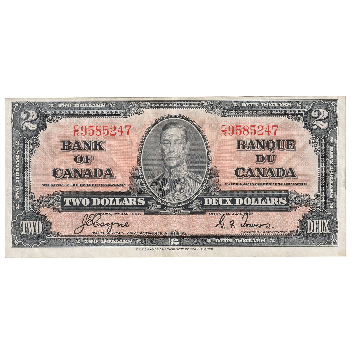 BC-22c 1937 Canada $2 Coyne-Towers, E/R, Extra Fine (EF40)