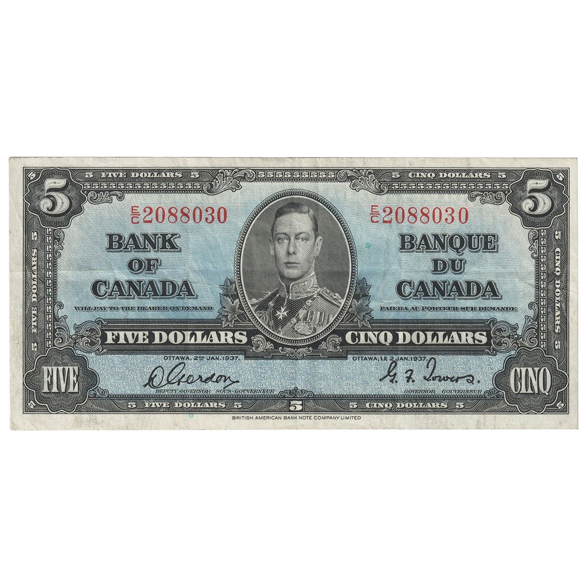 BC-23b 1937 Canada $5 Gordon-Towers, E/C, VF-EF (VF30)