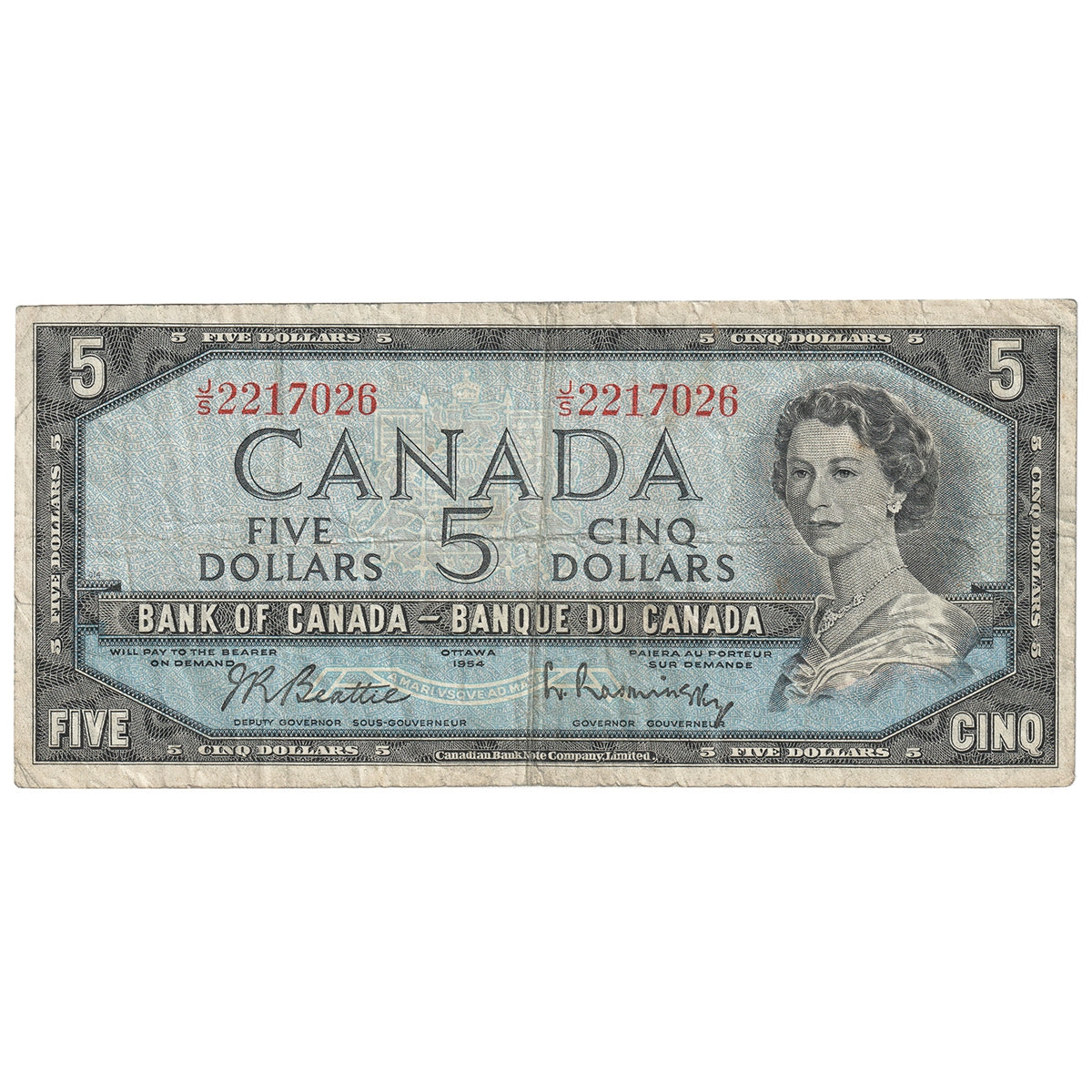 BC-39b 1954 Canada $5 Beattie-Rasminsky, J/S, F-VF (F15)