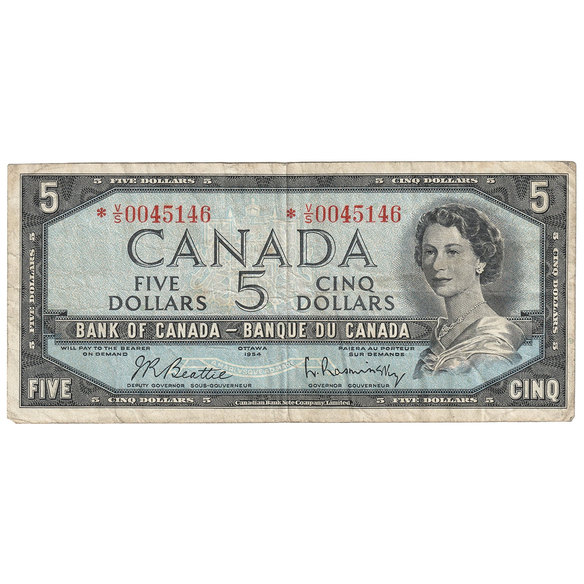 BC-39bA 1954 Canada $5 Beattie-Rasminsky, *V/S, Fine (F12)