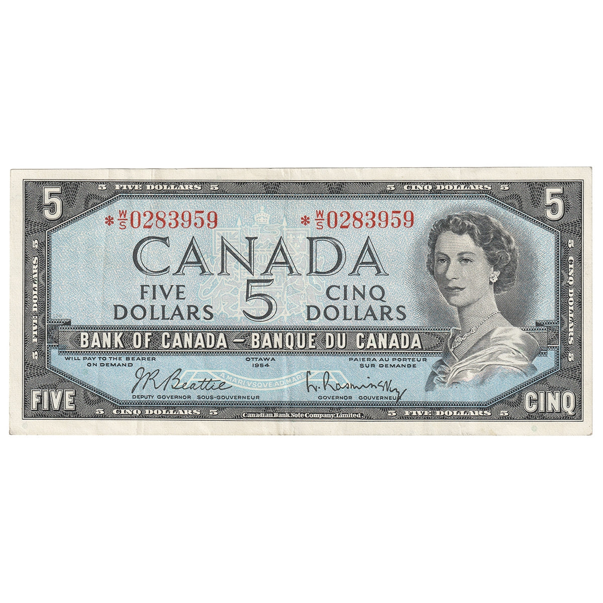 BC-39bA 1954 Canada $5 Beattie-Rasminsky, *W/S, VF-EF