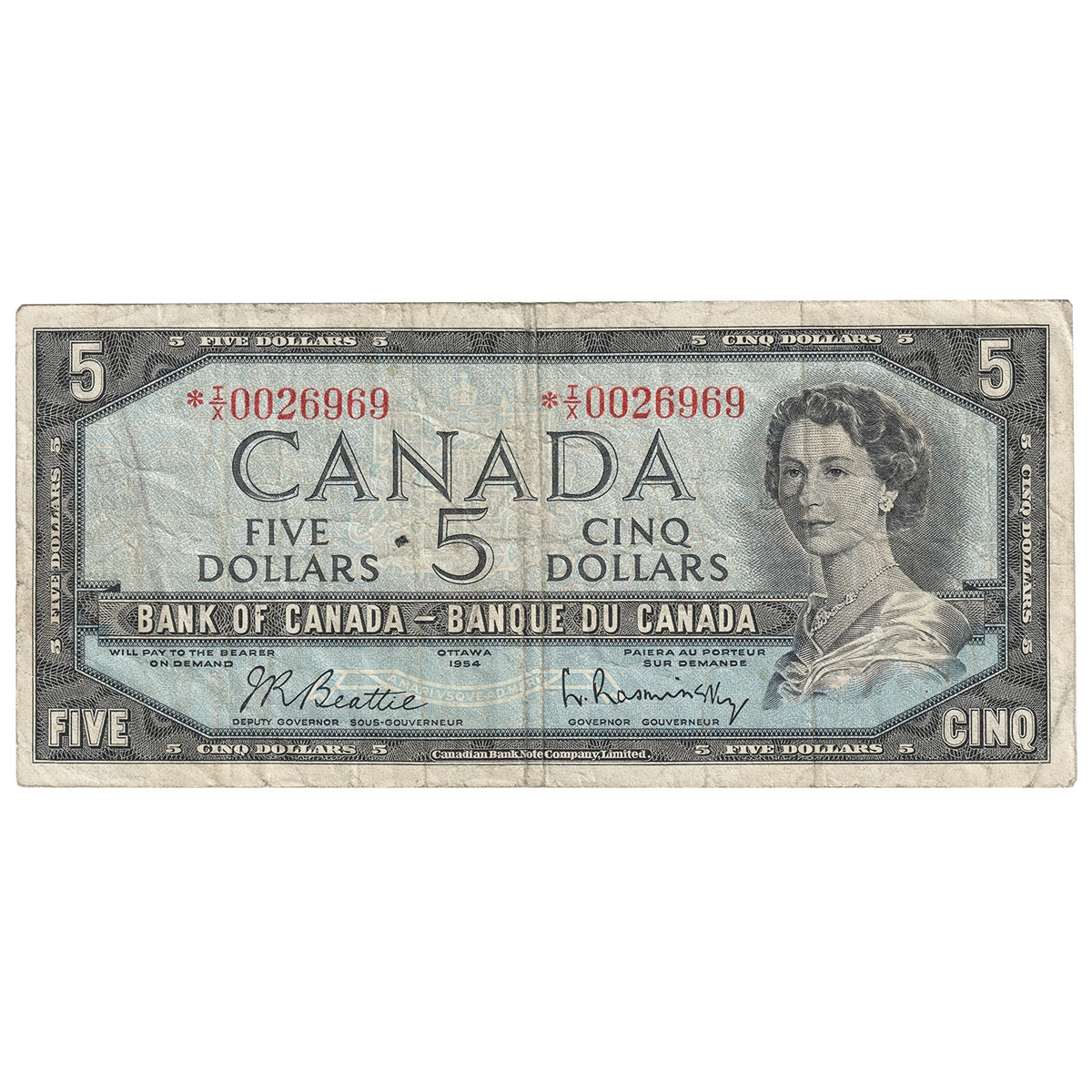 BC-39bA 1954 Canada $5 Beattie-Rasminsky, *I/X, Fine (F12)