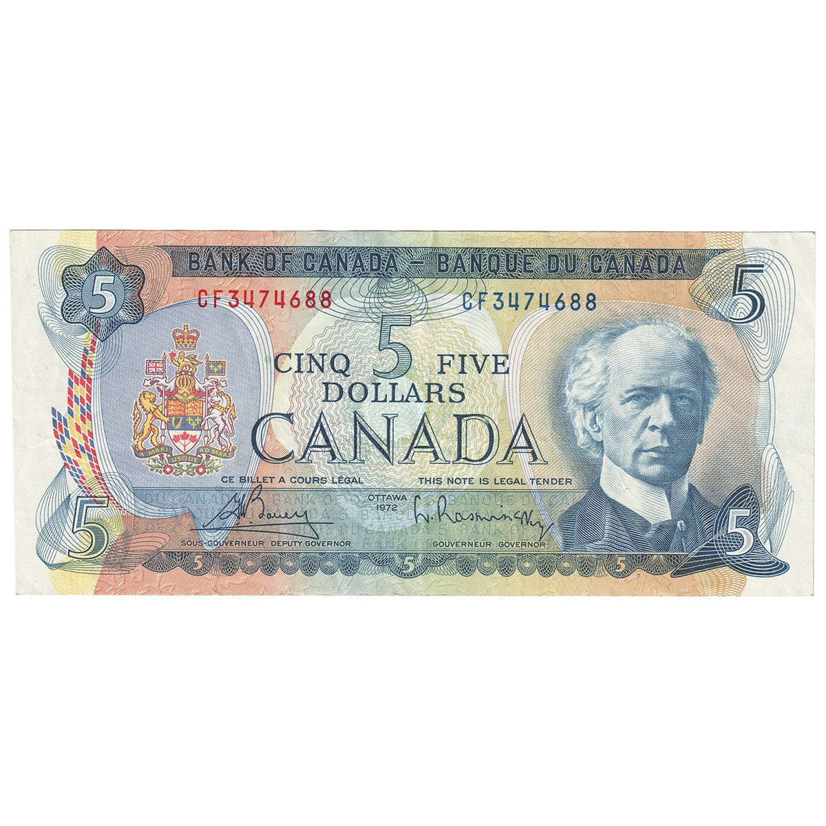 BC-48a 1972 Canada $5 Bouey-Rasminsky, CF, Very Fine (VF20)