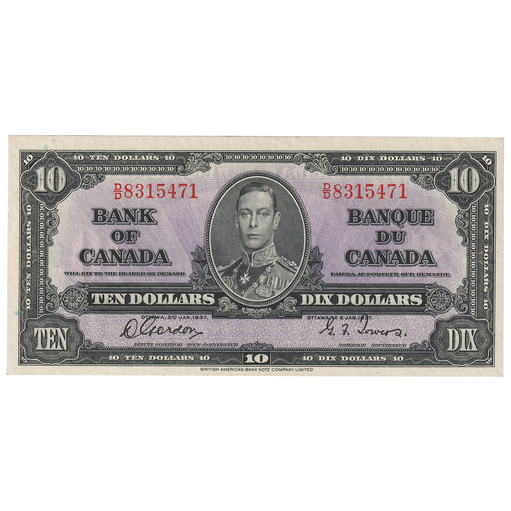 BC-24b 1937 Canada $10 Gordon-Towers, D/D, Choice Uncirculated (CUNC63)