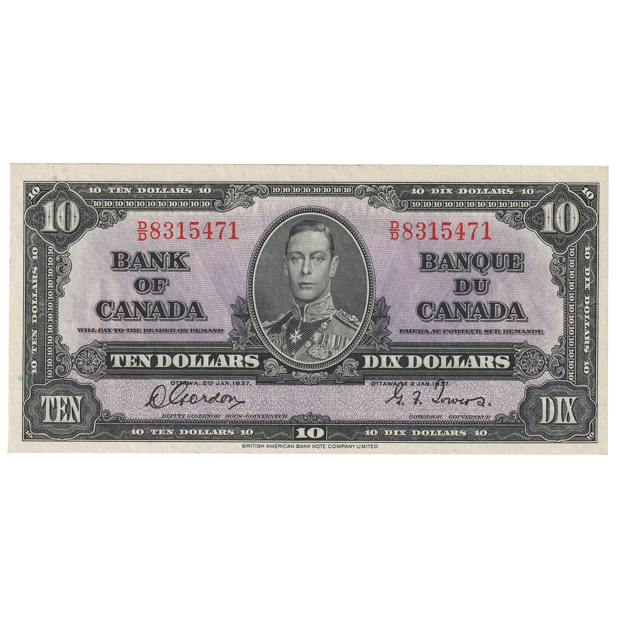 BC-24b 1937 Canada $10 Gordon-Towers, D/D, Choice Uncirculated (CUNC63)