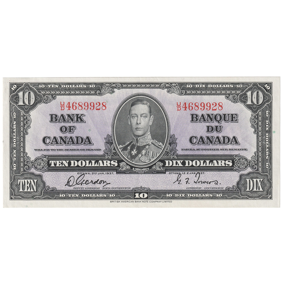 BC-24b 1937 Canada $10 Gordon-Towers, U/D, EF-AU (EF45)