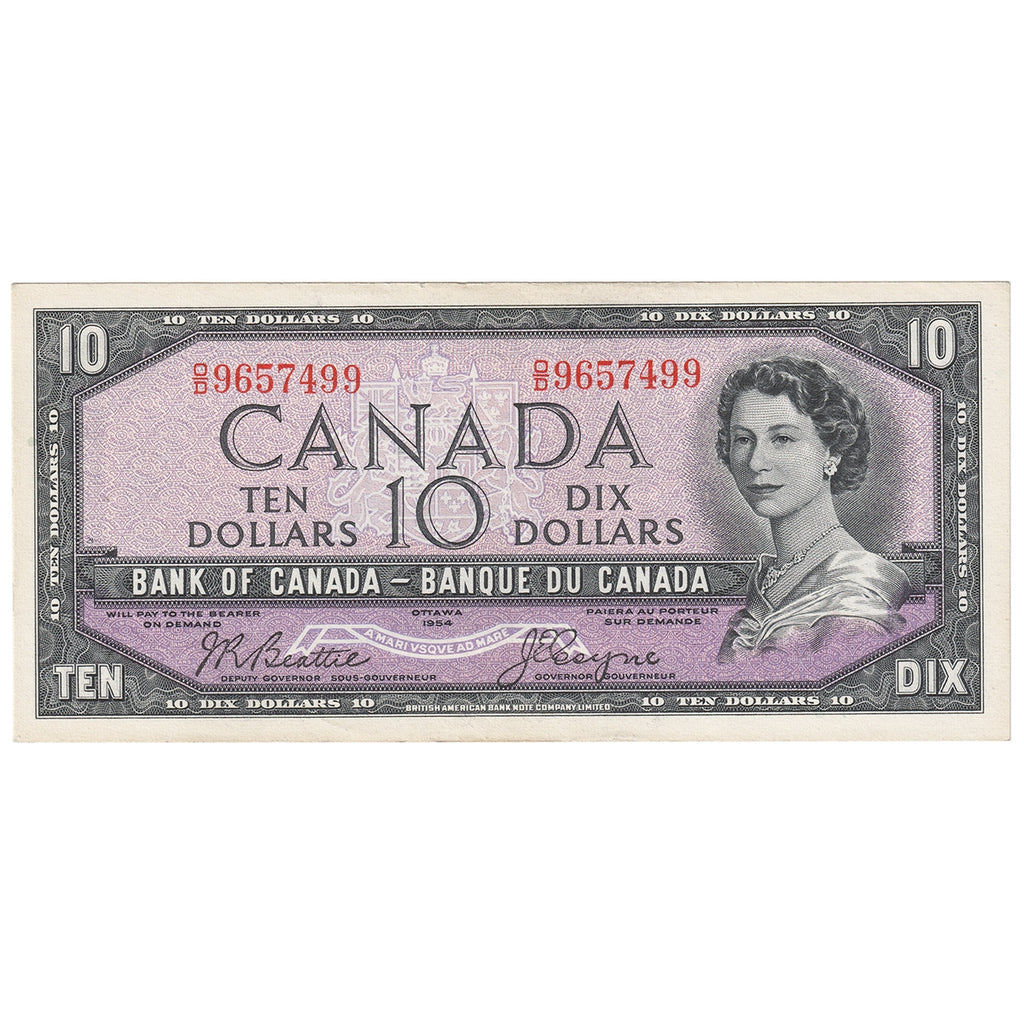 BC-40a 1954 Canada $10 Beattie-Coyne, O/D, Almost Uncirculated (AU50)