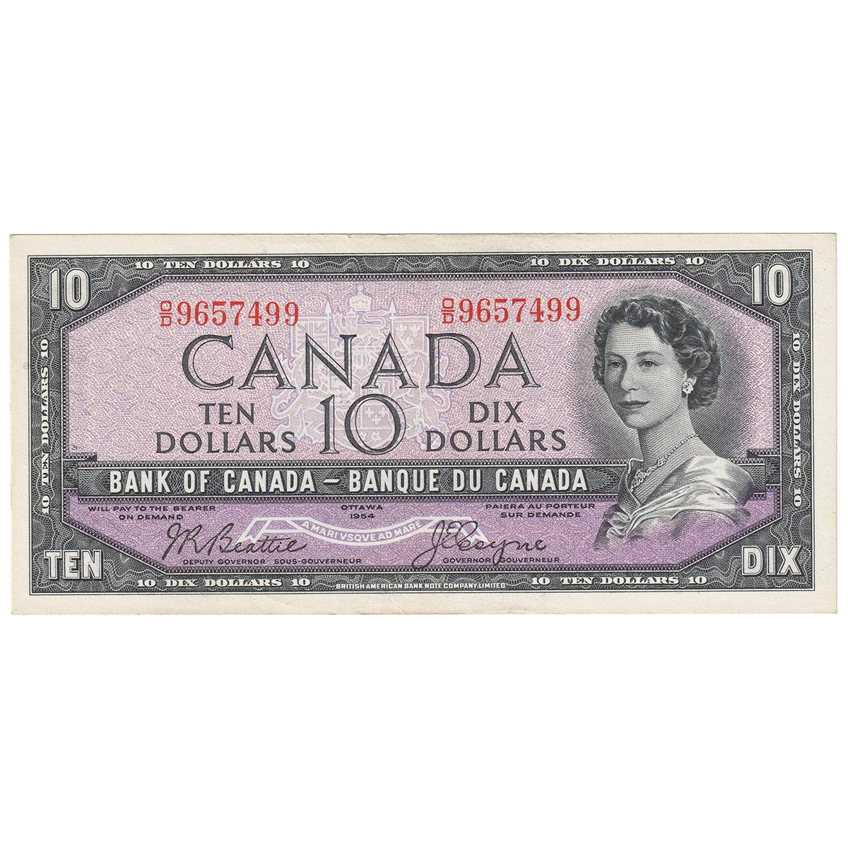BC-40a 1954 Canada $10 Beattie-Coyne, O/D, Almost Uncirculated (AU50)