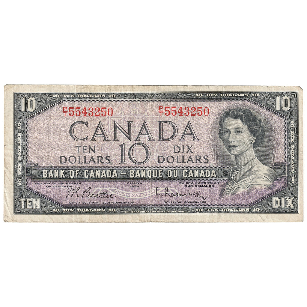 BC-40b 1954 Canada $10 Beattie-Rasminsky, P/T, F-VF (F15)