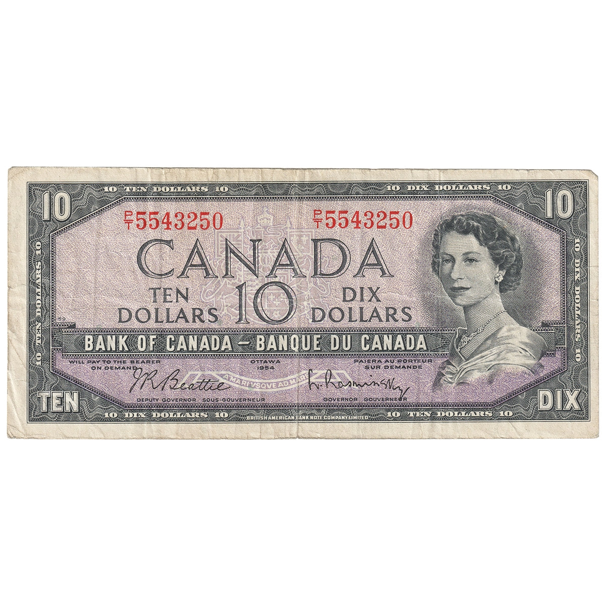 BC-40b 1954 Canada $10 Beattie-Rasminsky, P/T, F-VF (F15)