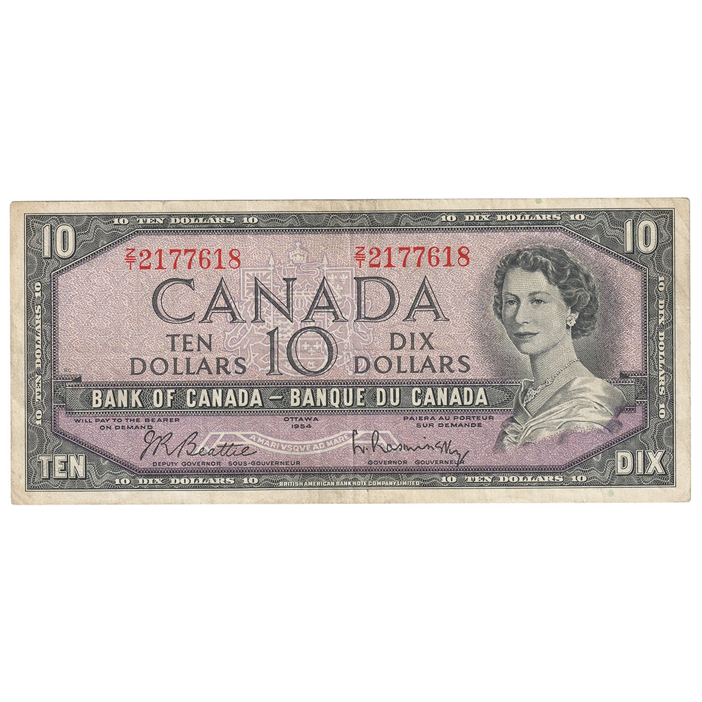 BC-40b 1954 Canada $10 Beattie-Rasminsky, Z/T, F-VF (F15)