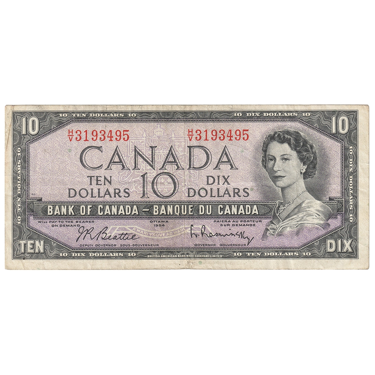 BC-40b 1954 Canada $10 Beattie-Rasminsky, H/V, F-VF (F15)