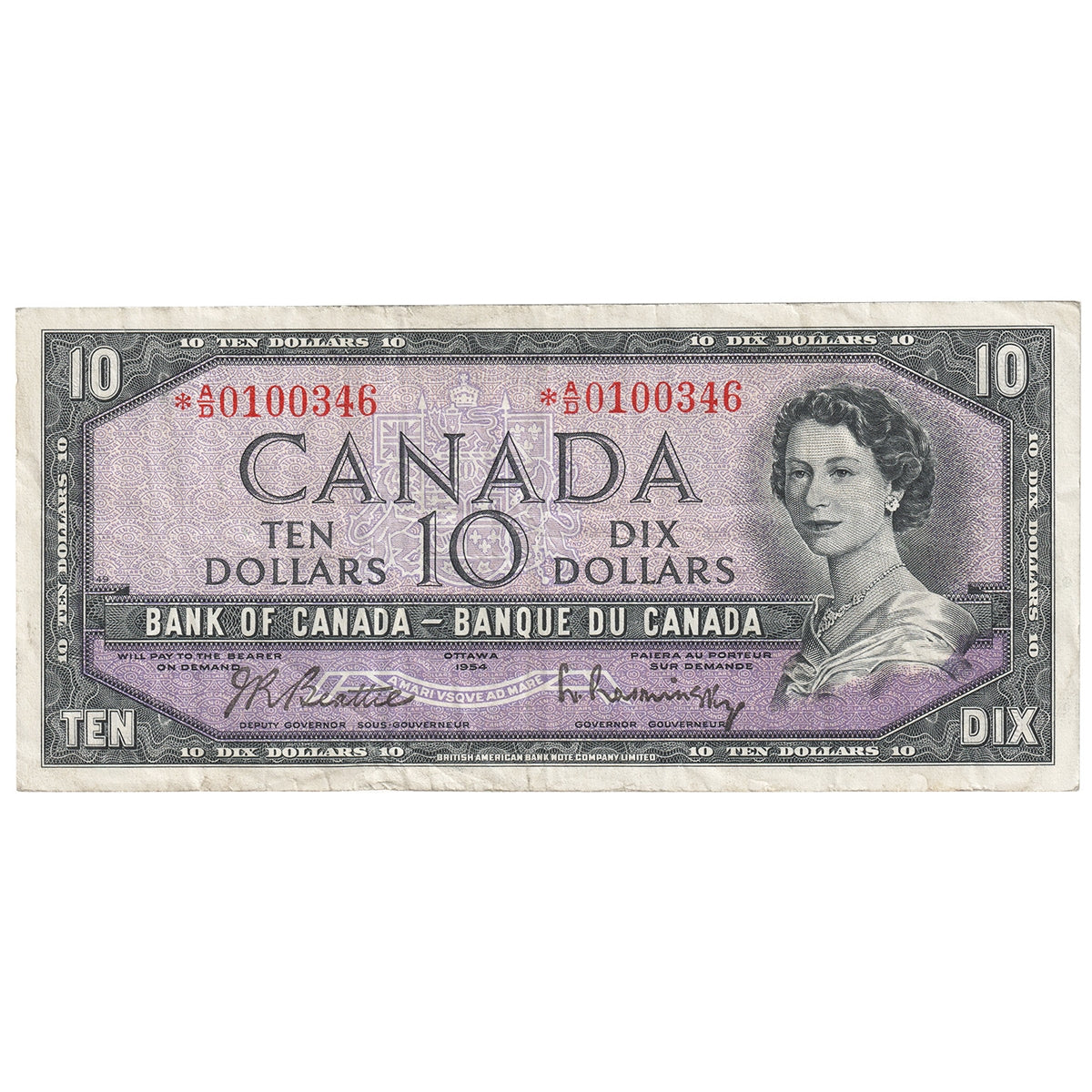 BC-40bA 1954 Canada $10 Beattie-Rasminsky, *A/D, Very Fine (VF20)