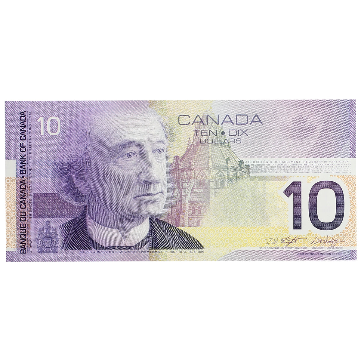 BC-63b 2001 Canada $10 Knight-Dodge, Missing Circle, FEC, AU-UNC (AU55)