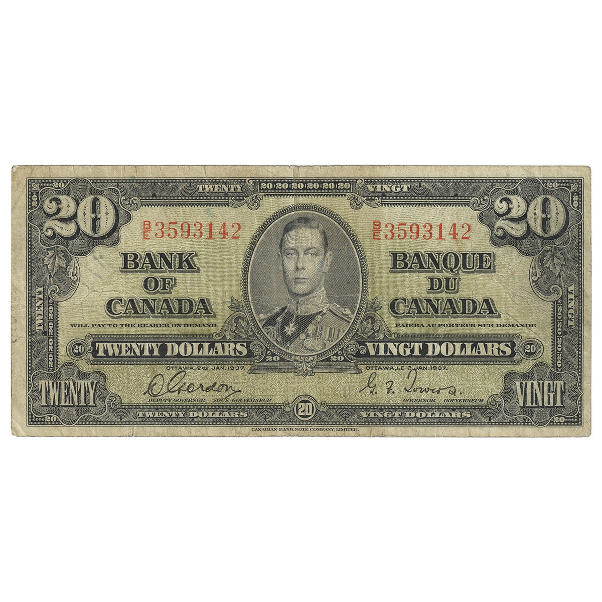 BC-25b 1937 Canada $20 Gordon-Towers, B/E, VG-F (VG10)