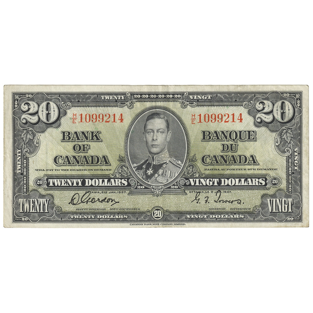 BC-25b 1937 Canada $20 Gordon-Towers, H/E, Extra Fine (EF40)