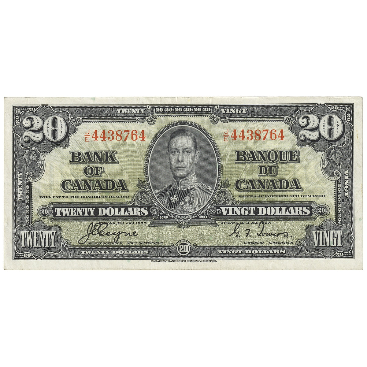 BC-25c 1937 Canada $20 Coyne-Towers, J/E, Extra Fine (EF40)
