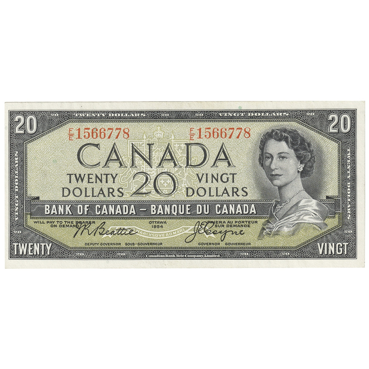 BC-41a 1954 Canada $20 Beattie-Coyne, F/E, Almost Uncirculated (AU50)