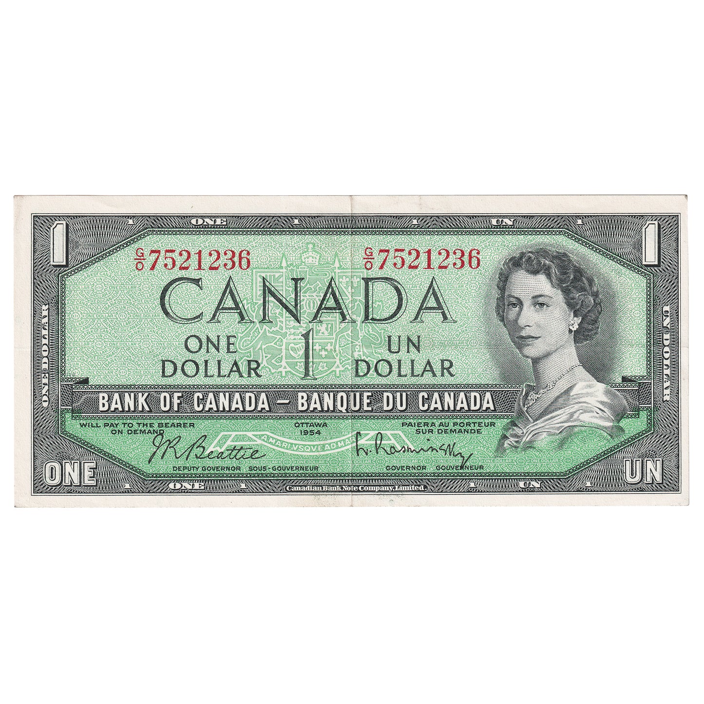BC-37d 1954 Canada $1 Beattie-Rasminsky, G/O, Extra Fine (EF40)