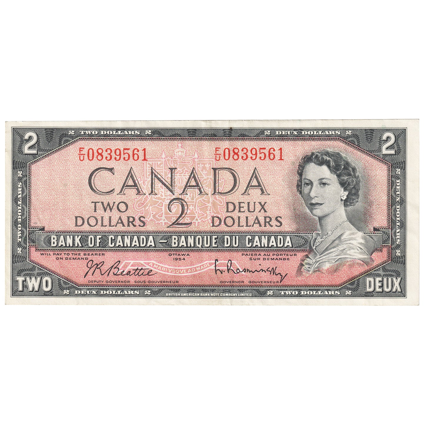 BC-38b 1954 Canada $2 Beattie-Rasminsky, F/U, Very Fine (VF20)