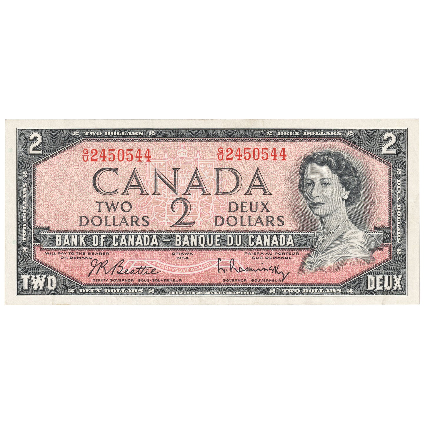 BC-38b 1954 Canada $2 Beattie-Rasminsky, G/U, Very Fine (VF20)