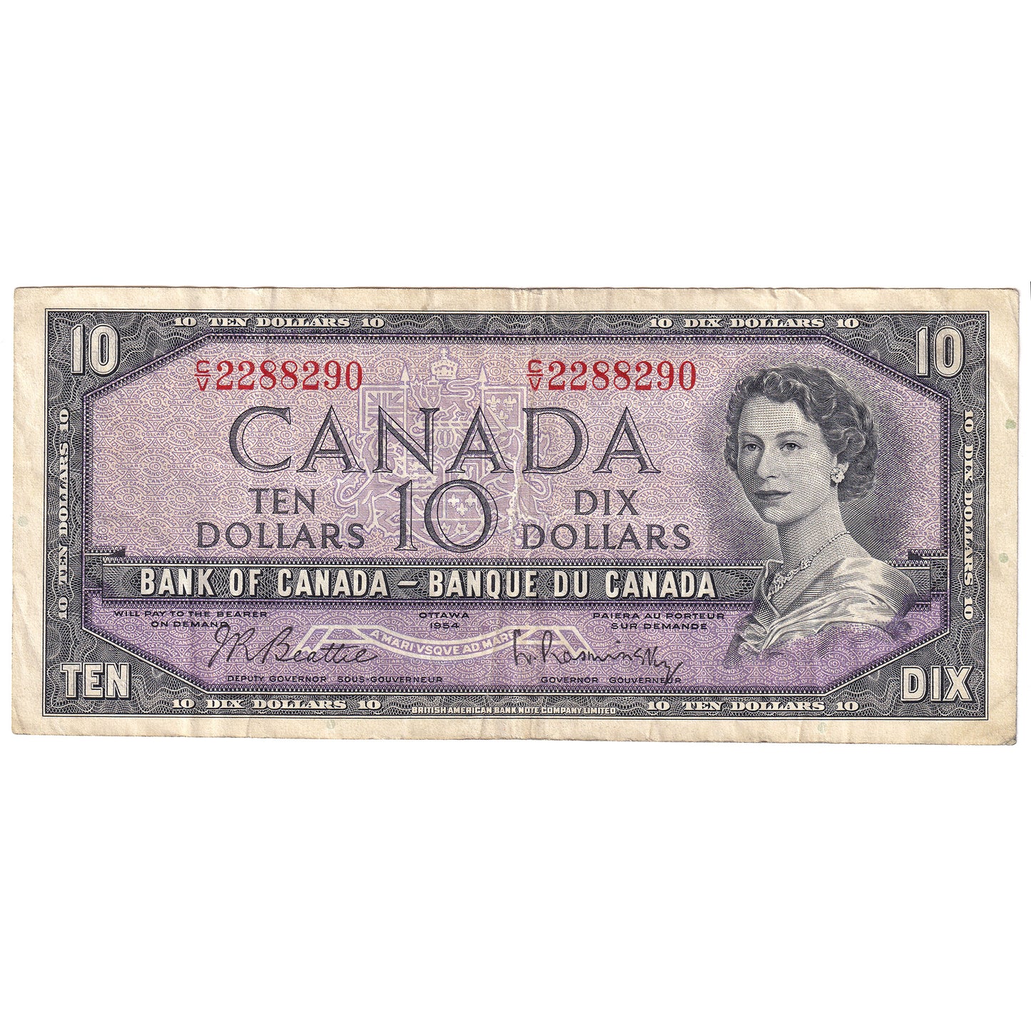 BC-40b 1954 Canada $10 Beattie-Rasminsky, C/V, VF