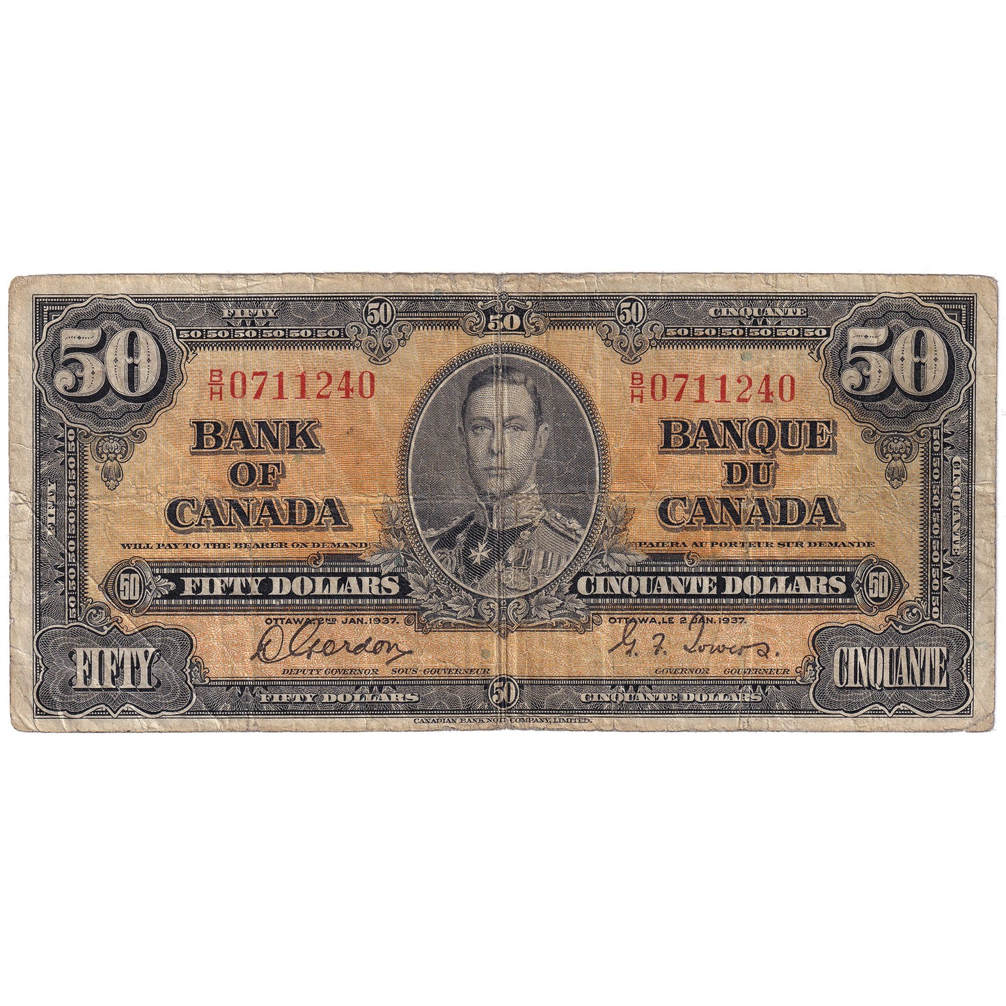 BC-26b 1937 Canada $50 Gordon-Towers, B/H, Very Good (VG8)