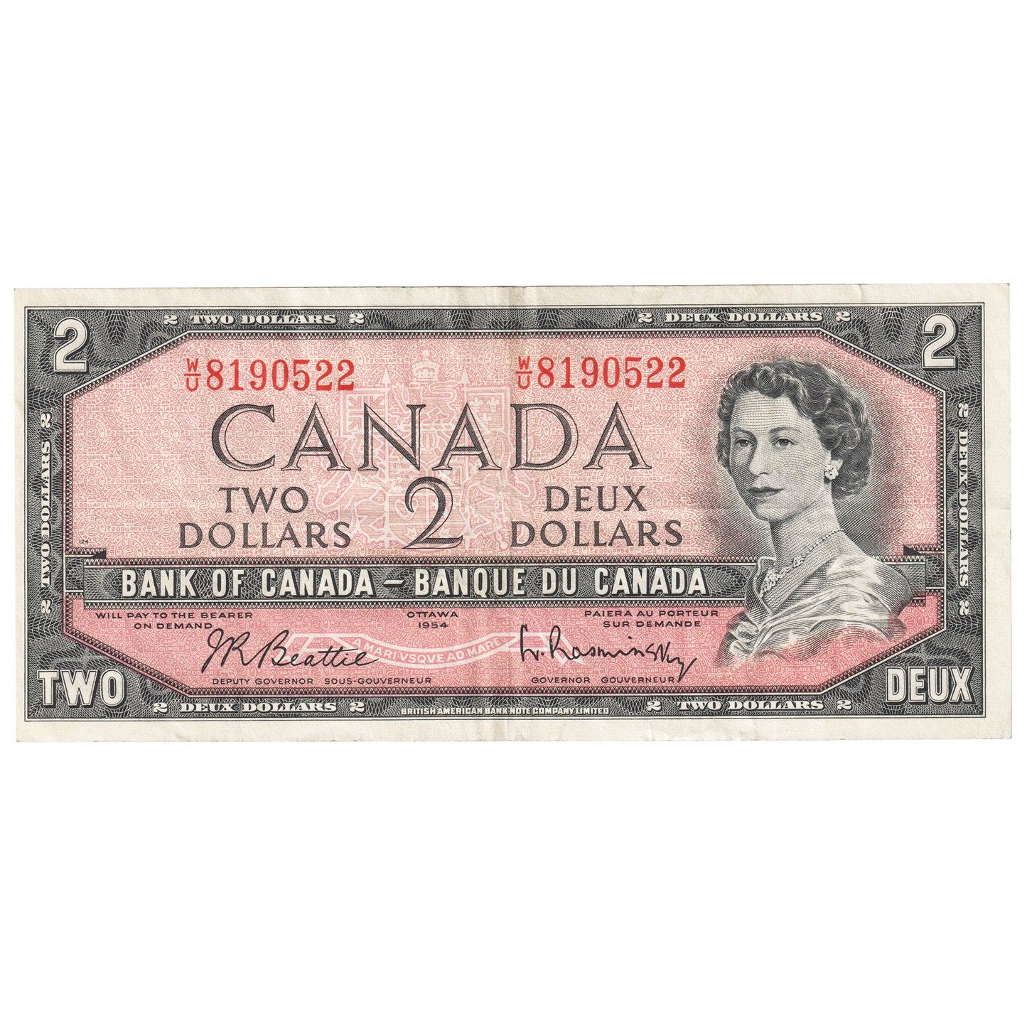 BC-38b 1954 Canada $2 Beattie-Rasminsky, W/U, Very Fine (VF20)