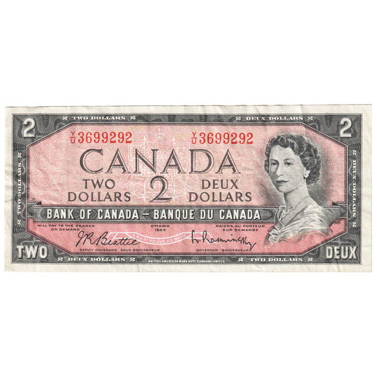 BC-38b 1954 Canada $2 Beattie-Rasminsky, Y/U, Very Fine (VF20)