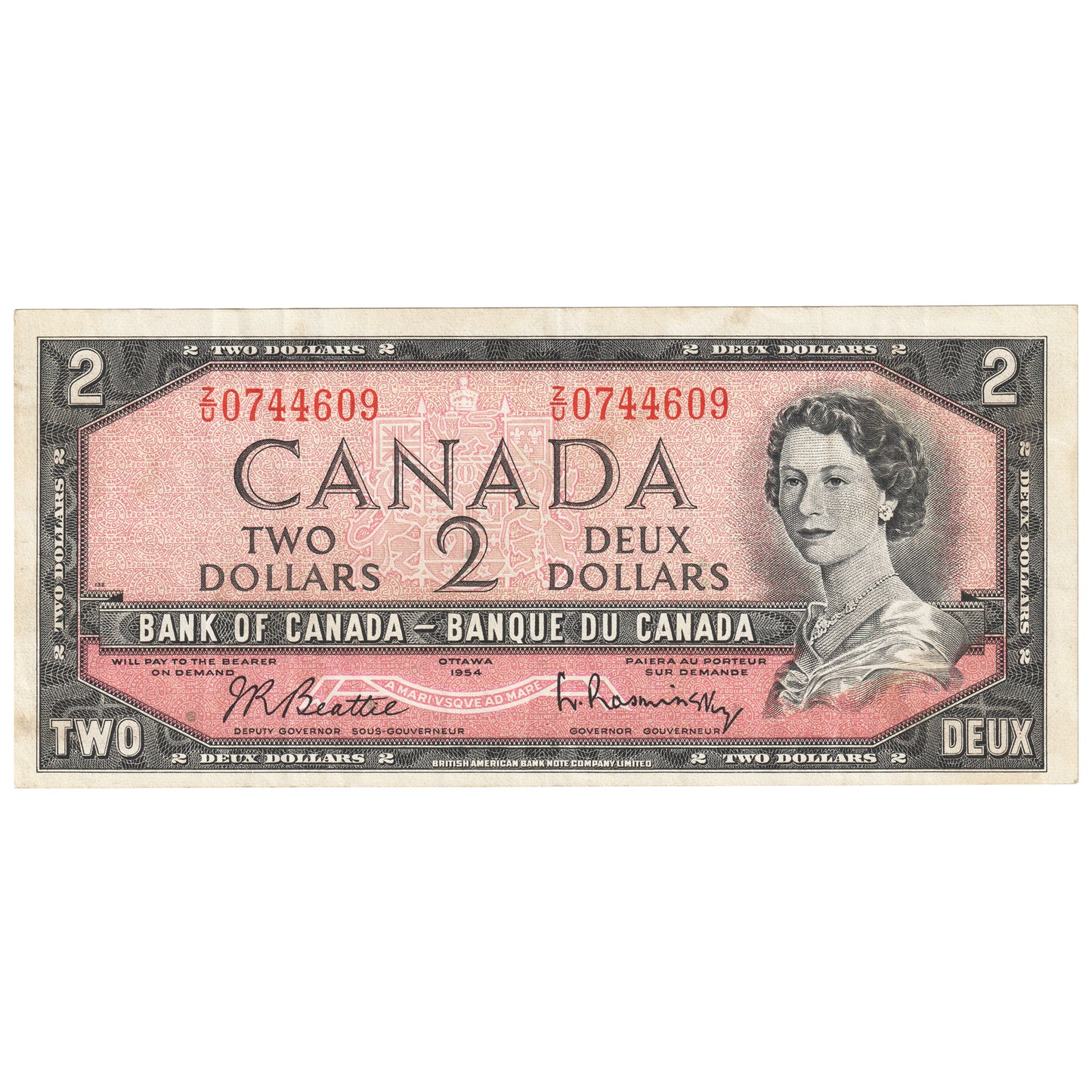 BC-38b 1954 Canada $2 Beattie-Rasminsky, Z/U, VF-EF (VF30)