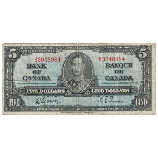 BC-23b 1937 Canada $5 Gordon-Towers, U/C, F