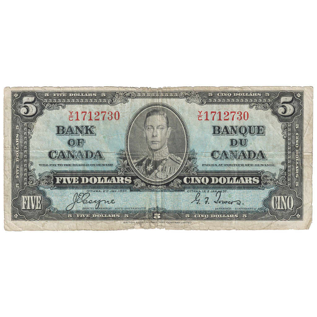 BC-23c 1937 Canada $5 Coyne-Towers, Y/C, Circulated