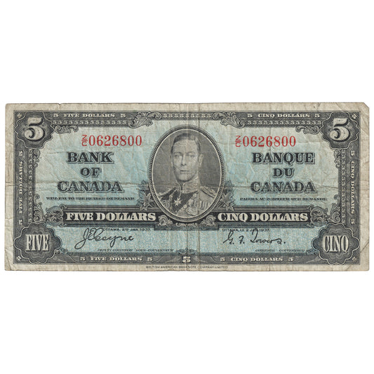 BC-23c 1937 Canada $5 Coyne-Towers, Z/C, VG-F