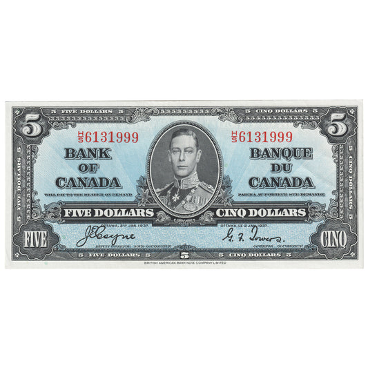 BC-23c 1937 Canada $5 Coyne-Towers, H/S, AU-UNC