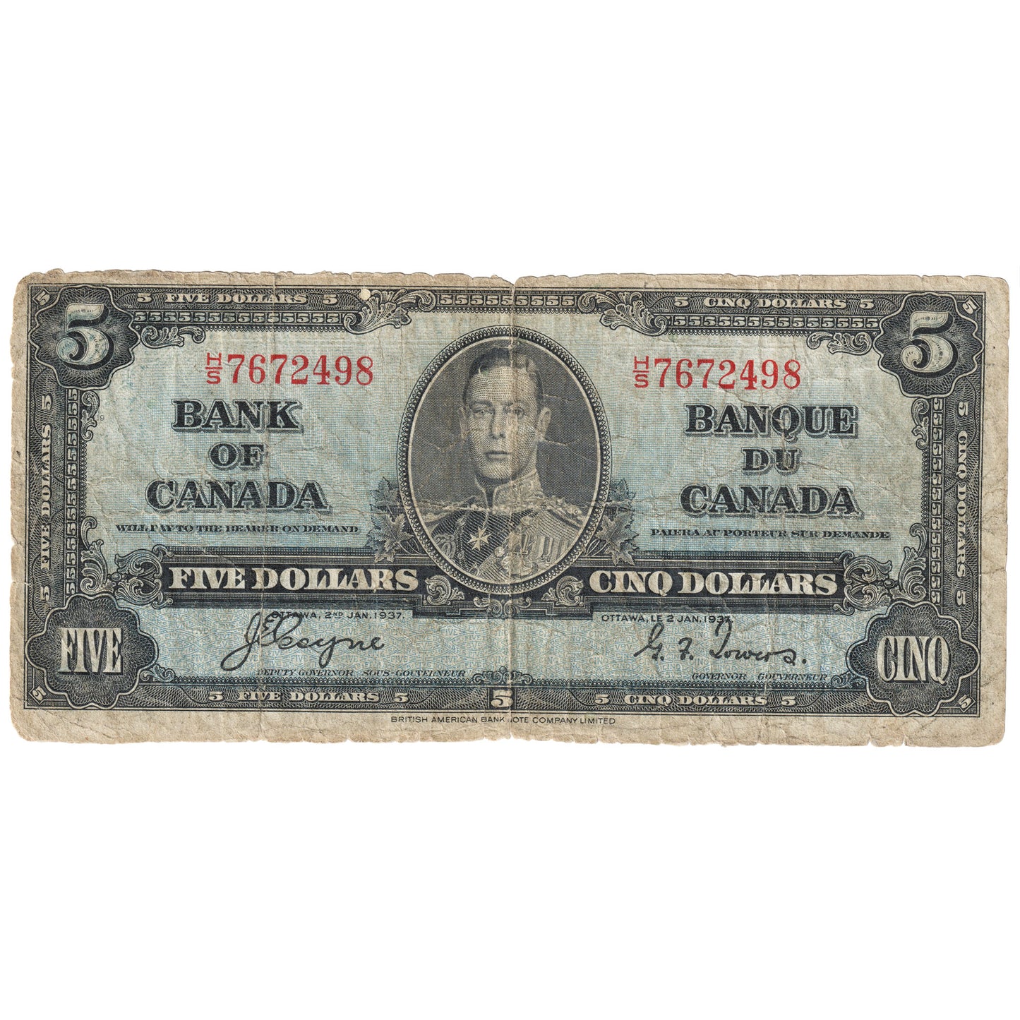 BC-23c 1937 Canada $5 Coyne-Towers, H/S, Circulated