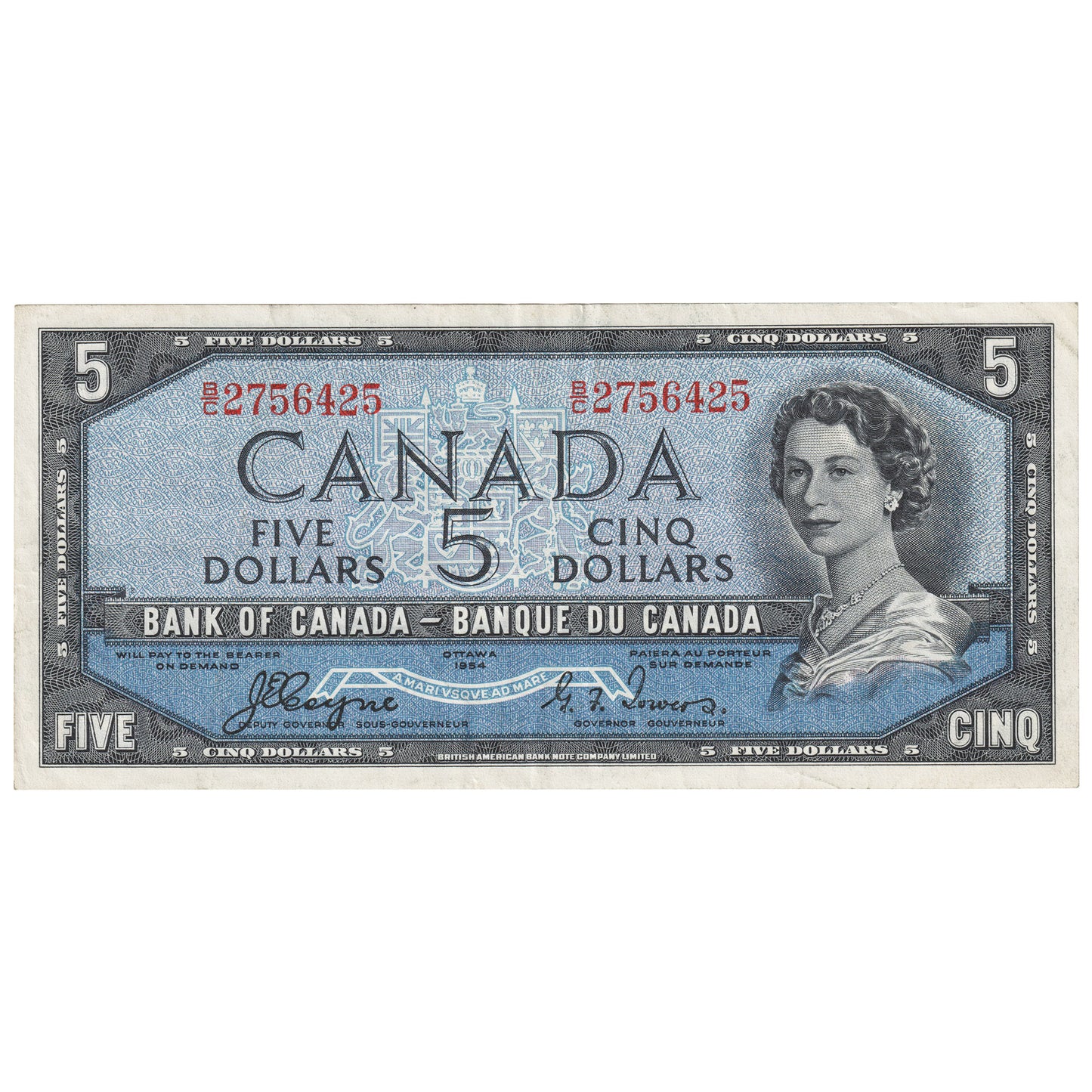 BC-31a 1954 Canada $5 Coyne-Towers, Devil's Face, B/C, Extra Fine (EF40)