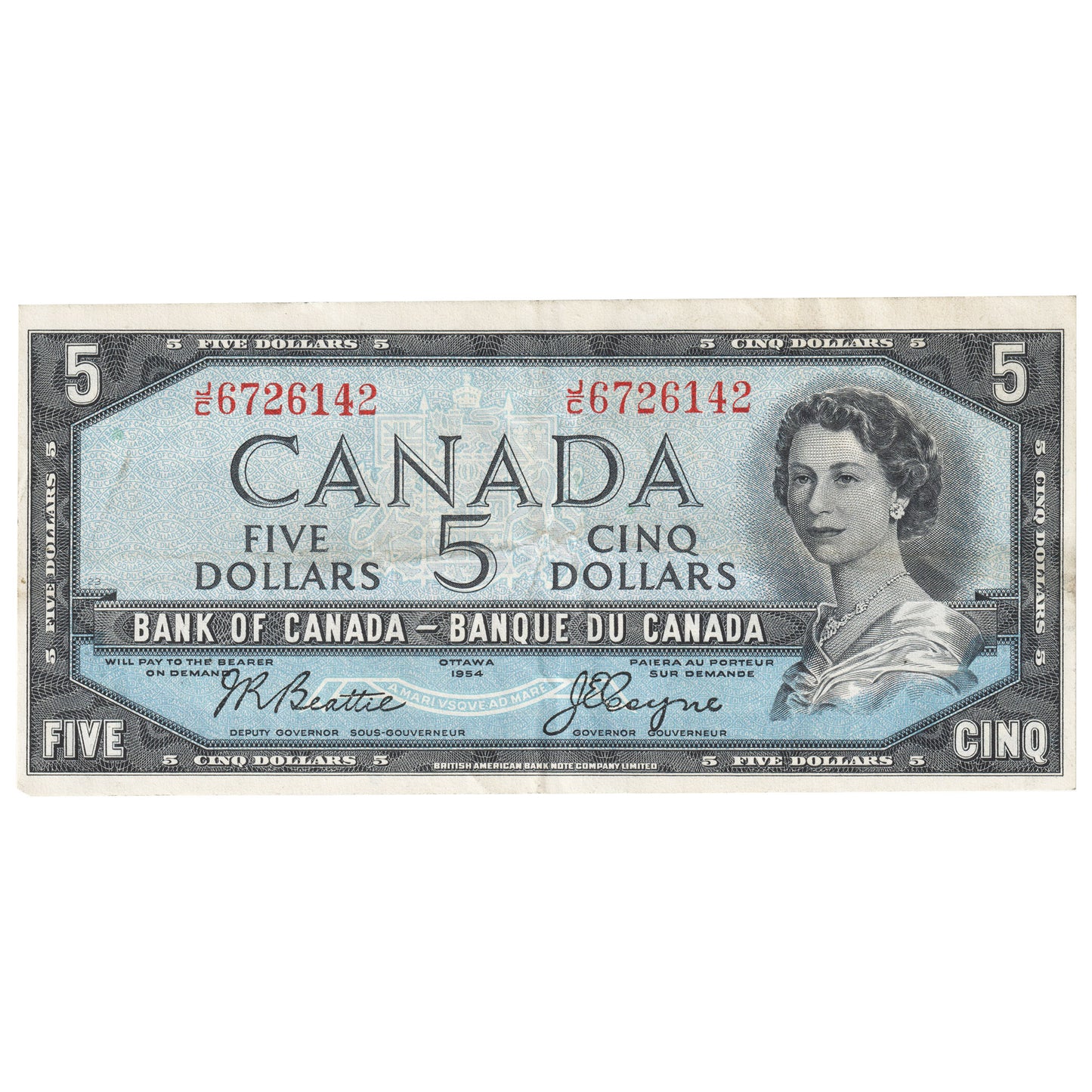 BC-39a 1954 Canada $5 Beattie-Coyne, J/C, Extra Fine (EF40)