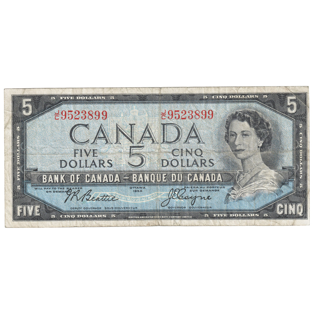 BC-39a 1954 Canada $5 Beattie-Coyne, J/C, Circulated