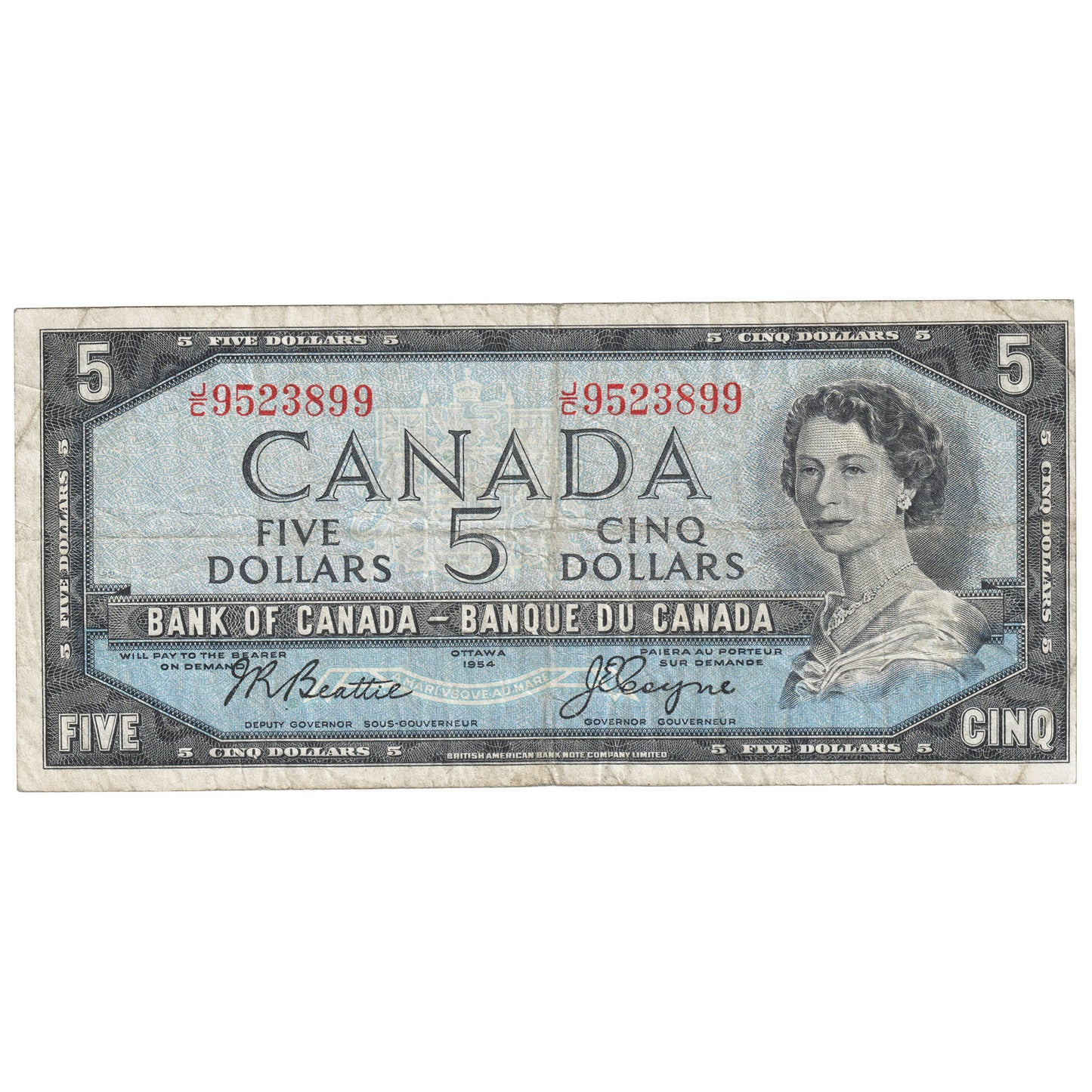 BC-39a 1954 Canada $5 Beattie-Coyne, J/C, Circulated