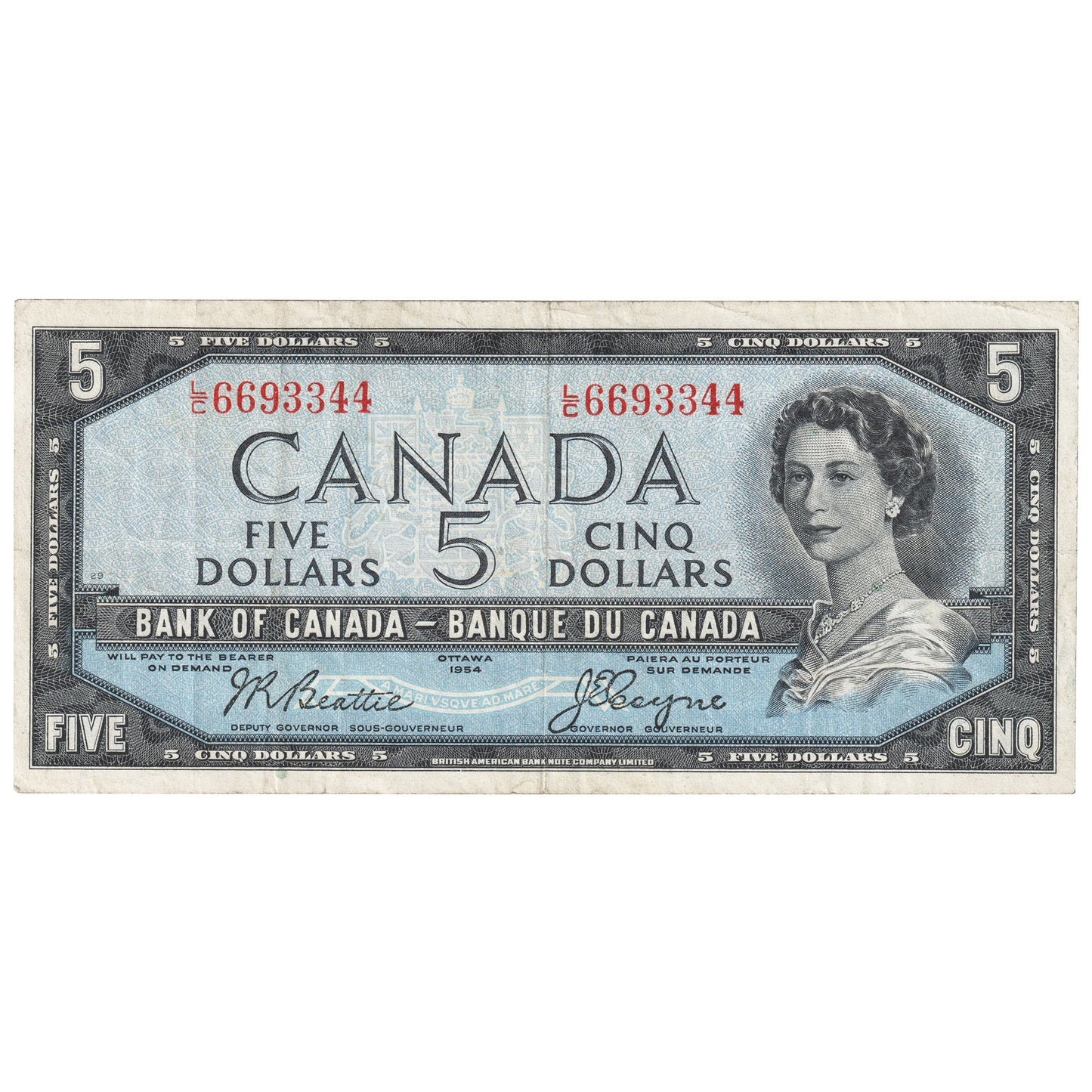 BC-39a 1954 Canada $5 Beattie-Coyne, L/C, Very Fine (VF20)