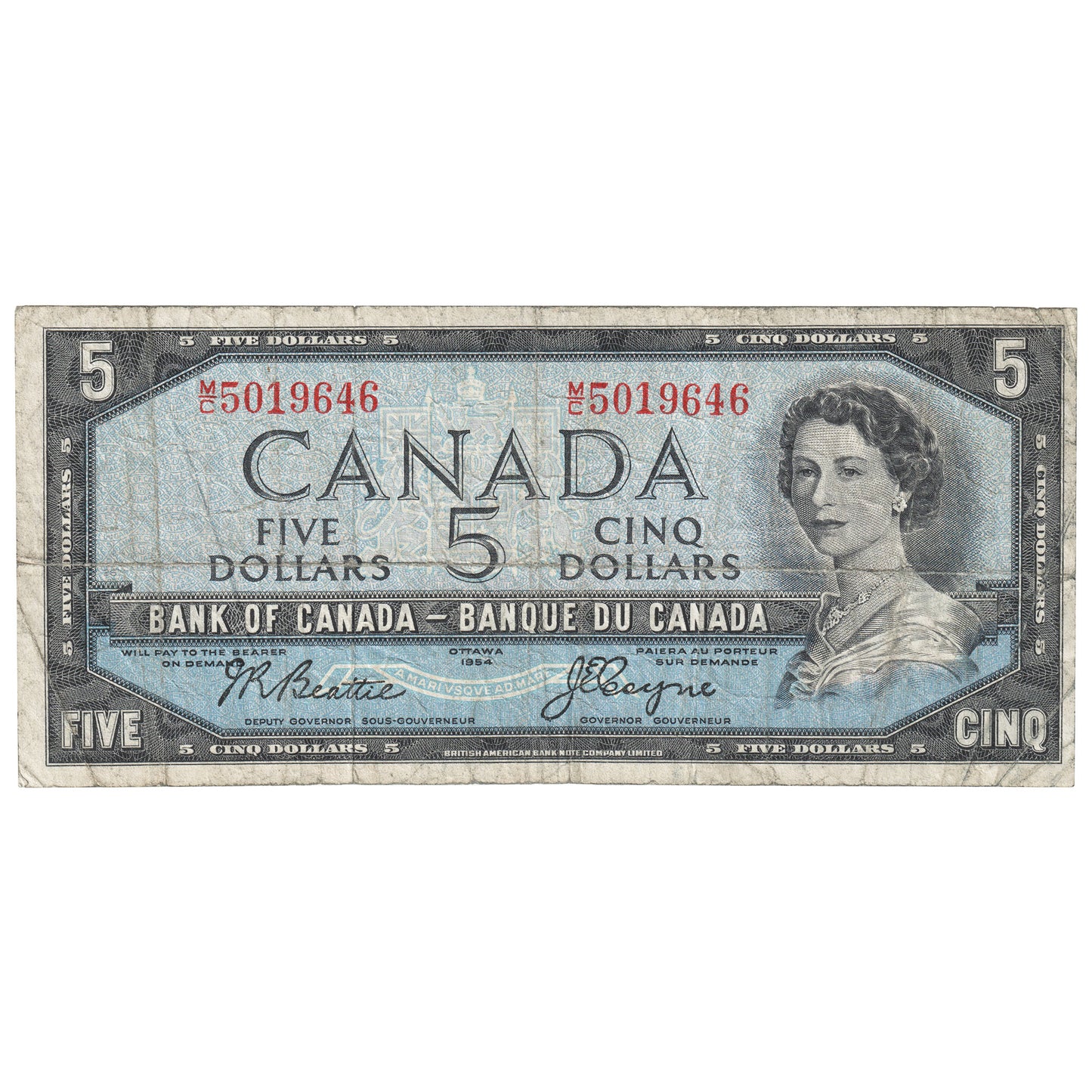 BC-39a 1954 Canada $5 Beattie-Coyne, M/C, Circulated