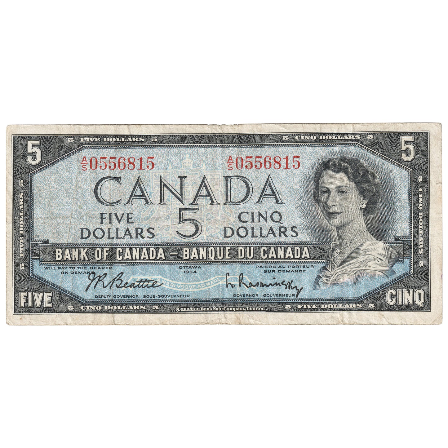 BC-39b 1954 Canada $5 Beattie-Rasminsky, A/S, Fine (F12)
