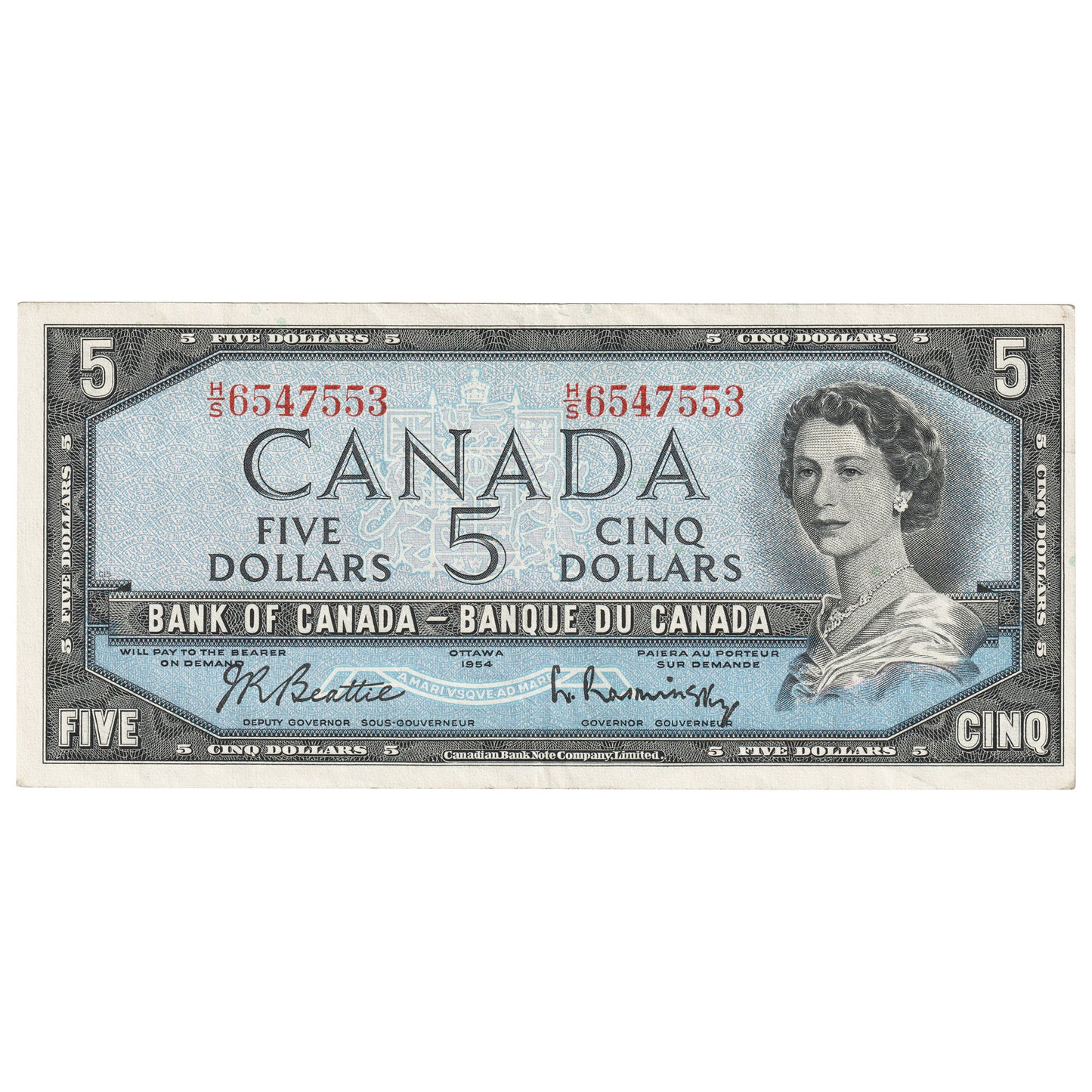 BC-39b 1954 Canada $5 Beattie-Rasminsky, H/S, Extra Fine (EF40)