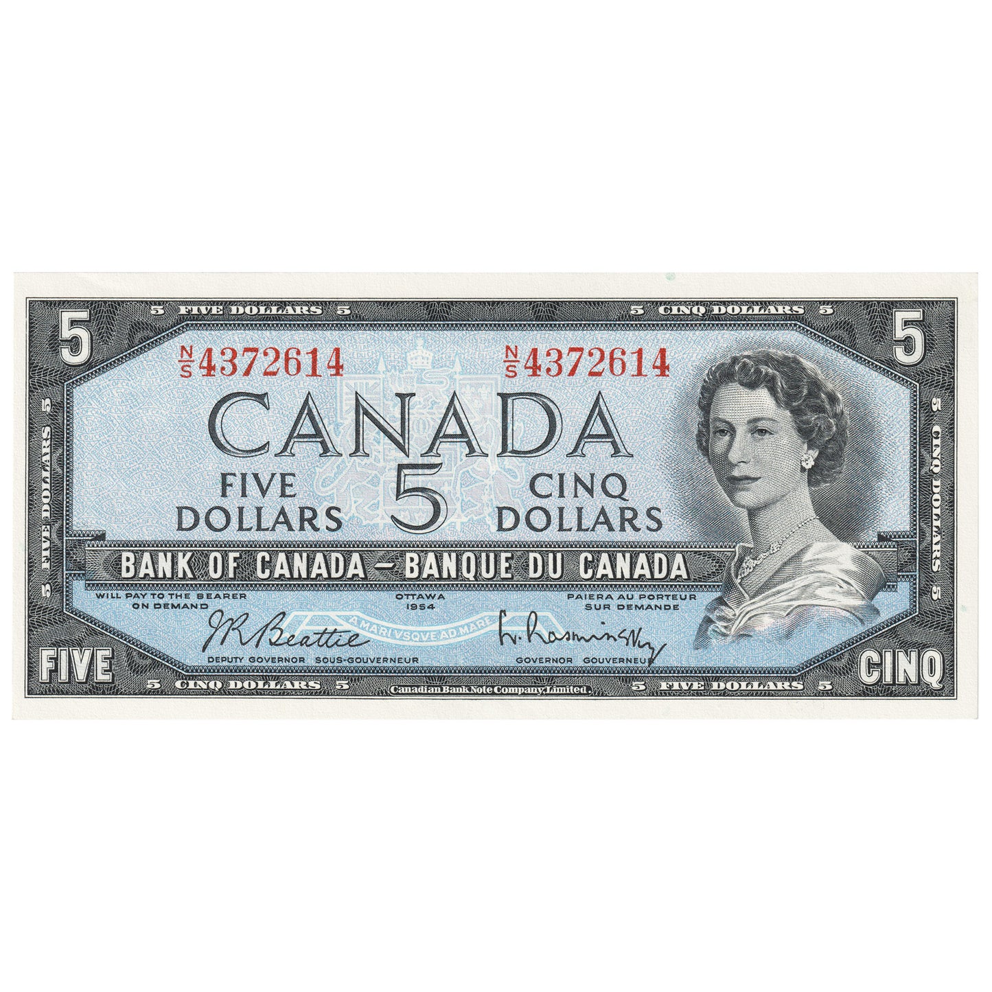 BC-39b 1954 Canada $5 Beattie-Rasminsky, N/S, Uncirculated (MS60)