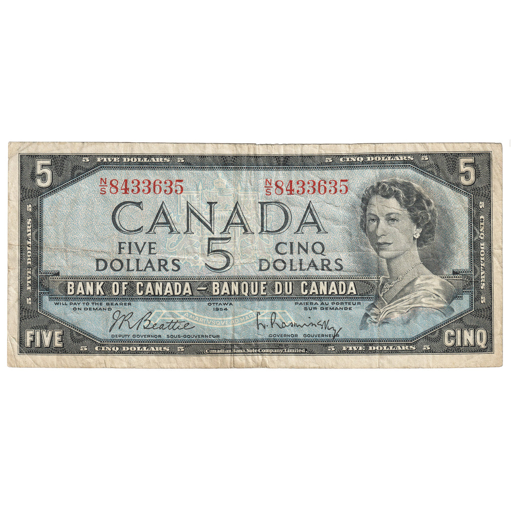 BC-39b 1954 Canada $5 Beattie-Rasminsky, N/S, F-VF (F15)