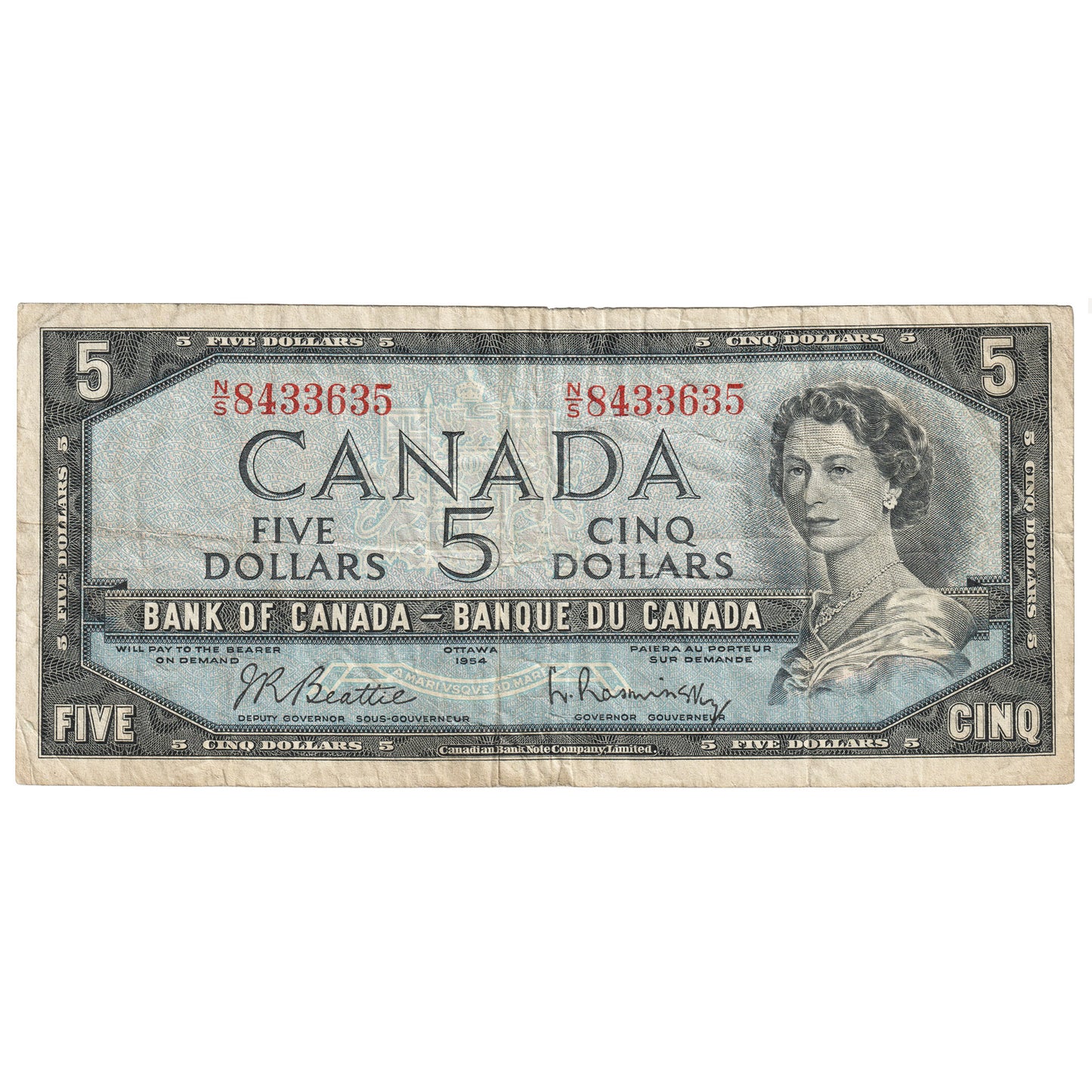 BC-39b 1954 Canada $5 Beattie-Rasminsky, N/S, F-VF (F15)