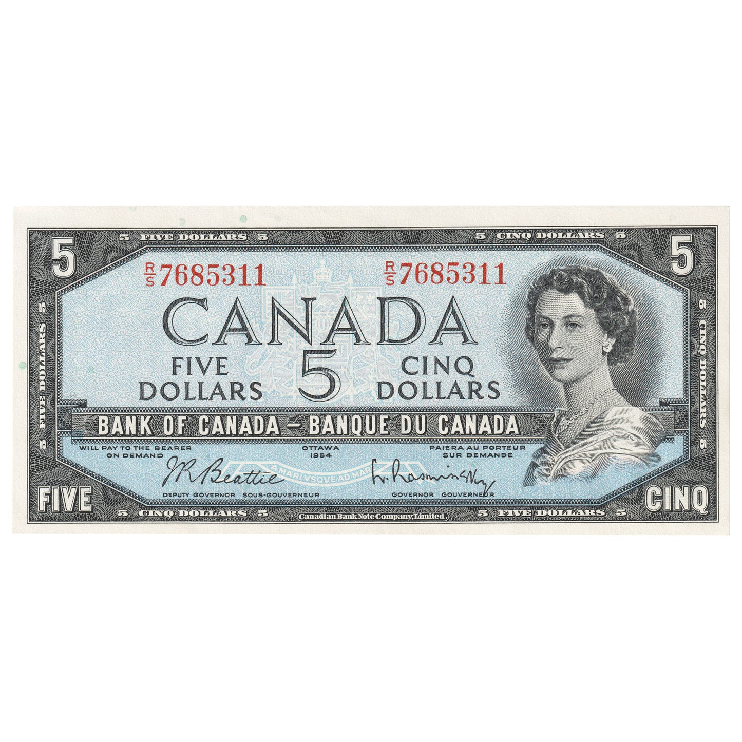 BC-39b 1954 Canada $5 Beattie-Rasminsky, R/S, AU-UNC (AU55)