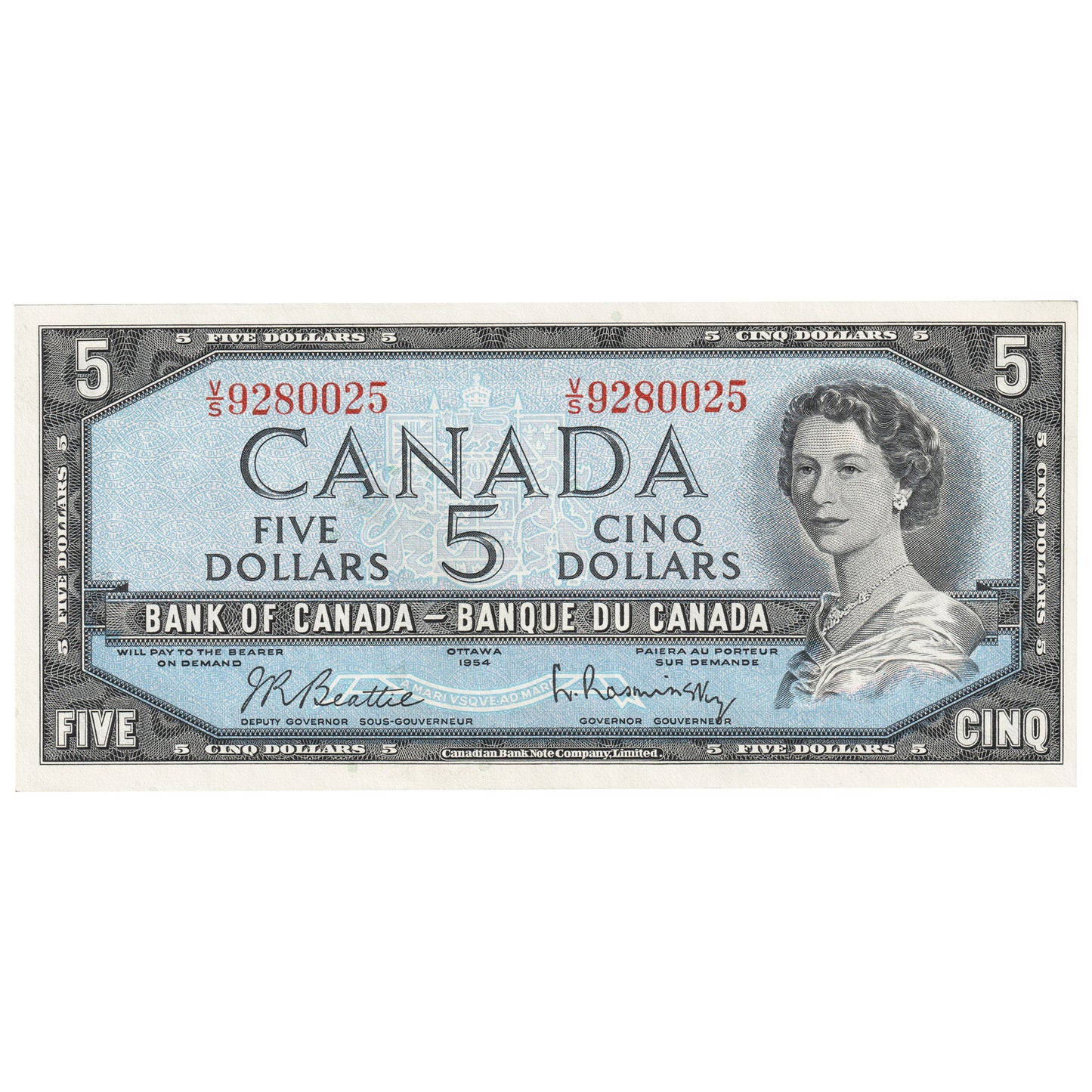 BC-39b 1954 Canada $5 Beattie-Rasminsky, V/S, AU-UNC (AU55)
