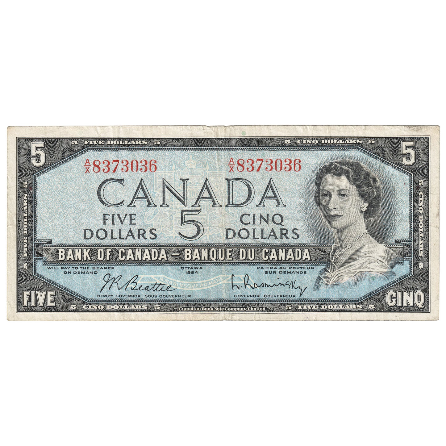 BC-39b 1954 Canada $5 Beattie-Rasminsky, A/X, F-VF (F15)